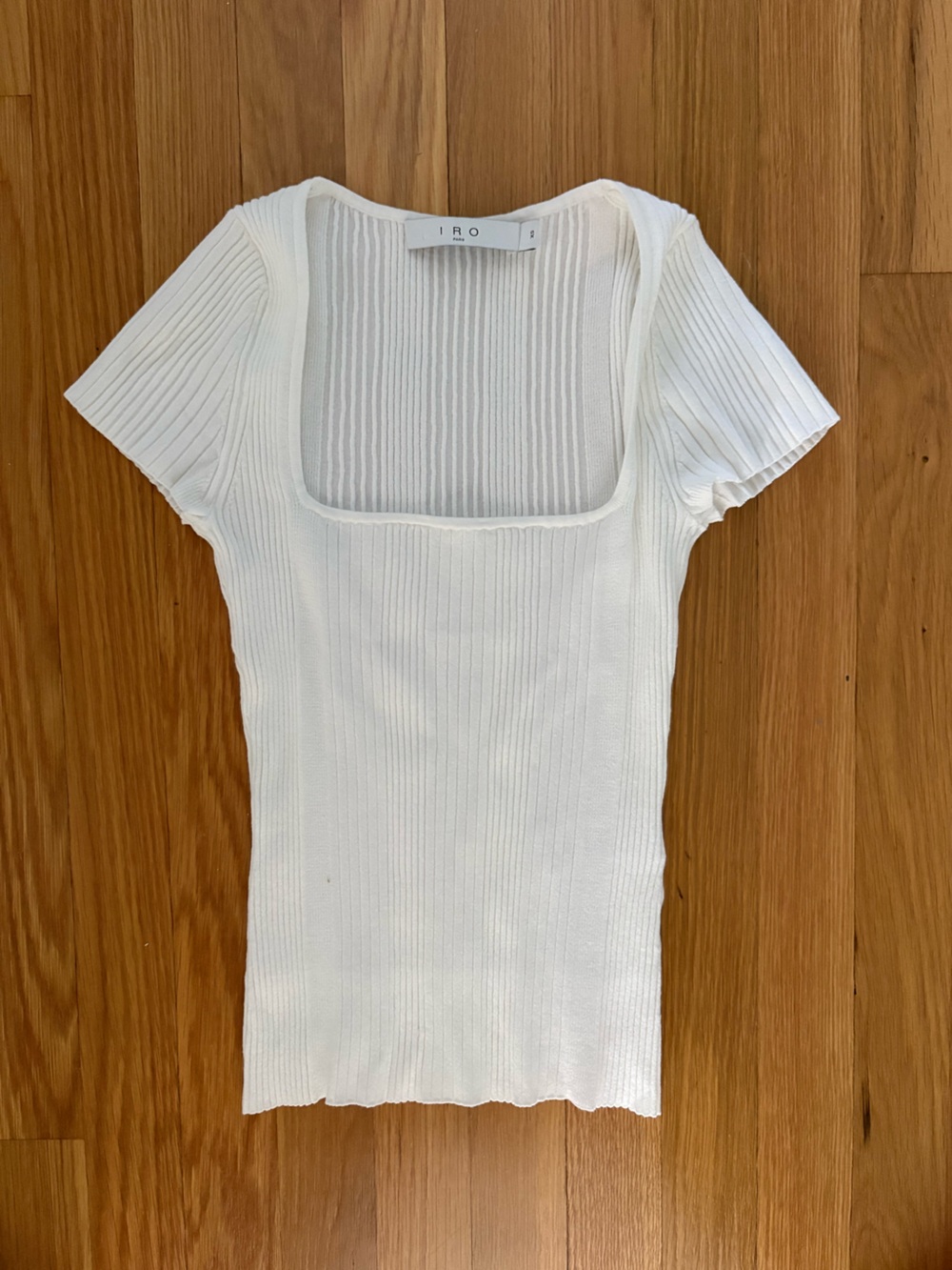 IRO Paysa White Ribbed Square-Neck Short Sleeve Top